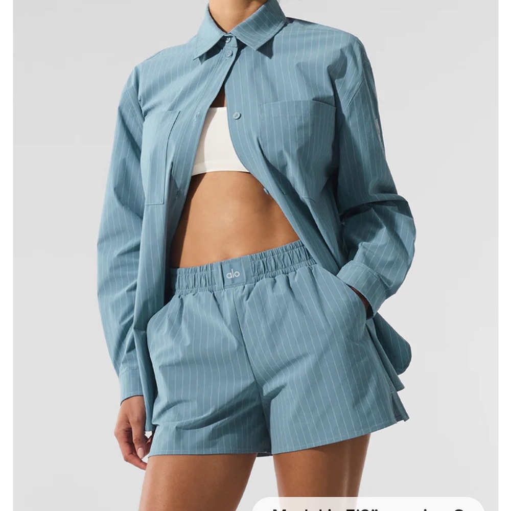 ALO Yoga Dark Celestial Blue Pinstripe Button Down